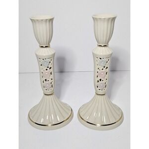 PartyLite Porcelain Candlesticks Reticulated Gold Trim Pastel Floral Pair Vtg